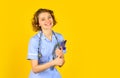 Doctor standing with stethoscope at hospital. woman doctor with folder. medical doctor hold folder. nurse holding