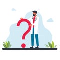 The doctor stands in front of large question mark. Questions to doctor about disease, online consultation, faq