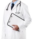 Doctor with stethoscope and clipboard isolated on white copy space background Royalty Free Stock Photo