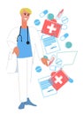 Doctor with stethoscope and collage of medicines, medical prescriptions and thermometers