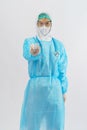 Doctor PPE uniform holding coronavirus covid-19 vaccine bottle on hand Royalty Free Stock Photo