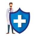 Doctor with stethoscope and health shield