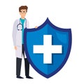 Doctor with stethoscope and health shield