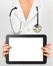 Doctor with stethoscope holding blank digital tabl