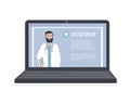 A doctor with a stethoscope on a laptop screen talks to a patient online. Medical consultations, exams, treatment, services, Royalty Free Stock Photo