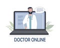 A doctor with a stethoscope on a laptop screen talks to a patient online. Medical consultations, exams, treatment, services, Royalty Free Stock Photo