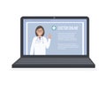 A doctor with a stethoscope on a laptop screen talks to a patient online. Medical consultations, exams, treatment, services, Royalty Free Stock Photo