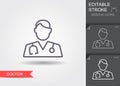 Doctor with stethoscope. Line icon with editable stroke with shadow