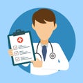 Doctor with stethoscope and medical test. Medic icon in flat style. Health care services concept. Banner with online doctor