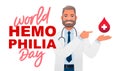 Doctor with a stethoscope points to a drop of blood hanging over his arm. World Hemophilia Day. Blood clotting disorder.Doctor