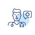 Doctor with stethoscope and speech message with cross. Medical consultation and professional health advice. Vector icon Royalty Free Stock Photo