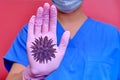 Doctor stop gesture stopping coronavirus disease, close-up. Influenza virus epidemic medication counter concept - stay home