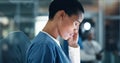 Doctor, stress and black woman with headache, anxiety or neck pain while working in a hospital at night. Healthcare Royalty Free Stock Photo