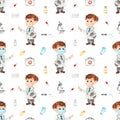 Watercolor seamless pattern with doctor, doctor suitcase, microscope, pills on a white background