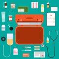 Doctor suitcase. An open doctor`s suitcase with medical supplies. Vector illustration.