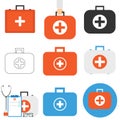 Doctor suitcase, a set of diverse doctor`s suitcases. Medical suitcase. Vector illustration.