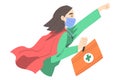 Doctor Superhero Wearing Medical Mask and Cape Flying with First Aid kit in her Hands, Professional Doctor Fighting Royalty Free Stock Photo