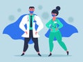 Doctor superheroes. Super doctor characters in medical masks and waving cloaks, female and male doctors heroes isolated