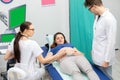 A nurse performs an ultrasound on a pregnant patient under the guidance of the attending doctor. Green screen. Royalty Free Stock Photo
