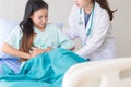 Doctor support to her patients asian woman with stomach ache and pain in hospital,Healthcare concept