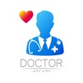 Doctor surgeon vector logotype in blue and red color. Silhouette medical man. Logo for clinic, hospital, cardiology