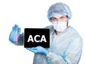 Doctor in surgical uniform, holding test tube and digital tablet pc with aca sign. internet technology and networking in Royalty Free Stock Photo