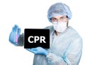 Doctor in surgical uniform, holding test tube and digital tablet pc with cpr sign. internet technology and networking in Royalty Free Stock Photo