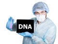 Doctor in surgical uniform, holding test tube and digital tablet pc with dna sign. internet technology and networking in Royalty Free Stock Photo