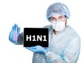 Doctor in surgical uniform, holding test tube and digital tablet pc with h1n1 sign. internet technology and networking Royalty Free Stock Photo