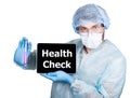 Doctor in surgical uniform, holding test tube and digital tablet pc with health check sign. internet technology and Royalty Free Stock Photo