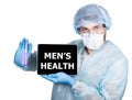 Doctor in surgical uniform, holding test tube and digital tablet pc with man's health sign. internet technology and Royalty Free Stock Photo