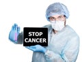 Doctor in surgical uniform, holding test tube and digital tablet pc with stop cancer sign. internet technology and Royalty Free Stock Photo