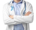 Doctor with symbolic blue ribbon on white background. Prostate cancer concept