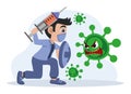 Doctor with syringe and shield stands in front of virus