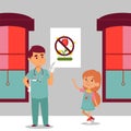 Doctor with syringe and smiling little girl, icon of pollen allergy, vector illustration