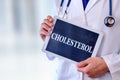 Doctor with tablet with cholesterol message