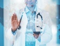 Doctor, tablet for networking and world hologram overlay for medical research, connection or communication. Global Royalty Free Stock Photo