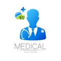 Doctor and tablet pill, leaf vector logotype in blue, green color. Silhouette medical man. Logo for clinic, hospital Royalty Free Stock Photo