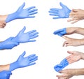 Doctor taking off her blue medical gloves. White background Royalty Free Stock Photo