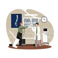 Doctor talking to patient with broken leg in cast using crutches, vector flat illustration