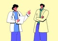 Doctor is talking to the patient. Establishing diagnosis. Medical concert in flat cartoon style. People communicating. Two young