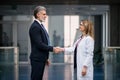 Doctor talking to pharmaceutical sales representative, shaking hands. Royalty Free Stock Photo