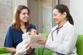 Doctor talks with mother of newborn baby Royalty Free Stock Photo