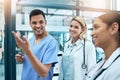 Doctor, team and coaching in healthcare planning, meeting or brainstorming on glass board at hospital. Group of medical Royalty Free Stock Photo