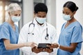 Doctor, team and tablet planning covid treatment plan with nurse and surgeon team online. Digital tablet, hospital and