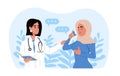 The doctor tells a Muslim woman how to use an inhaler during an asthma attack. Allergy, asthmatic. Bronchial asthma.