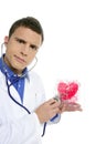 Doctor test a red heart health, young man