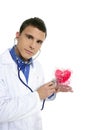 Doctor test a red heart health, young man