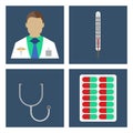 Doctor, thermometer, stergoscope. Set of Medical object flat icon. Vector Illustration.