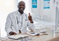 Doctor with thumbs up, success and trust hand sign or emoji for good healthcare, medical breakthrough or positive Royalty Free Stock Photo